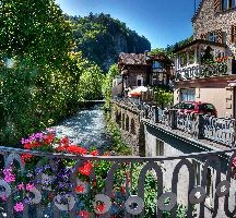 Bridge in Bad Ragaz, europe, switzerland, sankt, gallen, bad, ragaz, town, rural, mountain, centre, street, geraniums, houses